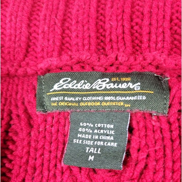 Y2K Cable knit Cowl Neck Button Sweater Eddie Bauer M Tall Red Chunky Preppy - Picture 6 of 14